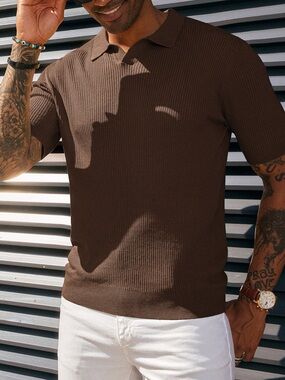Men's Polo Shirt Ribbed Textured V Neck Knit Polo